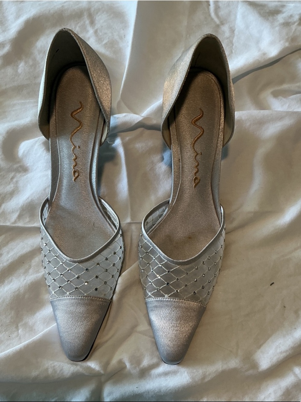 Nina Metallic Silver Pointed D'Orsay Flats with Mesh Accent